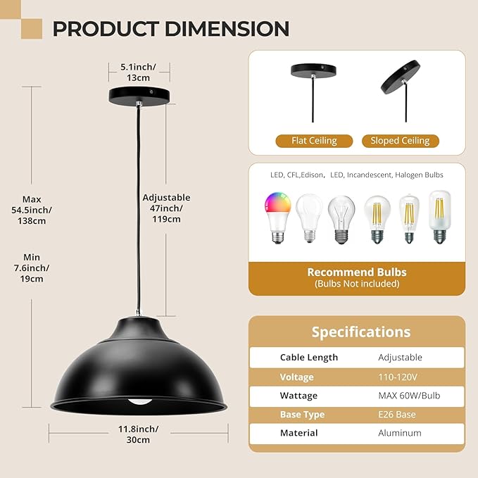 Pendant Lights Kitchen Island,Metal Pendant Light Fixtures,Adjustable Height Hanging Light Fixture for Bedroom,Foyer,Hall,Living Room,Dining Room and Entryway