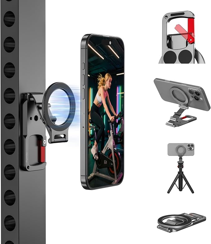 Magnetic Phone Mount for MagSafe, Maglock Tripod Adapter Magnet Golf Gym Workout Stand Metal Carabiner Dual Holder with 1/4 Screw Hole, for iPhone 18 17 16 15 14 Series Foldable Portable Accessories