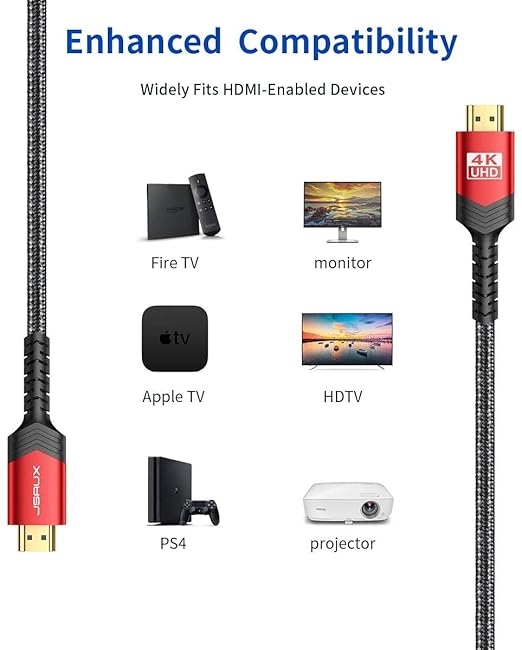 JSAUX 4K HDMI Cable 2 Pack 3ft, 18Gbps High Speed HDMI 2.0 Braided Cord, 4K 60Hz HDR, 2K 1440P 144Hz, 1080p, HDCP 2.2, 3D, ARC, Ethernet Compatible for Monitor Smart TV PC PS5 PS4 Blu-ray -Red