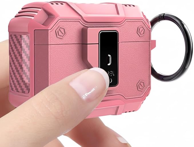 for AirPods 4 Case 2024 with Secure Lock Clip - Military-Grade Drop Protection AirPods 4th Generation Case, Carbon Fiber Shockproof Cover, Automatic Pop-up & Carabiner Hook,Pink