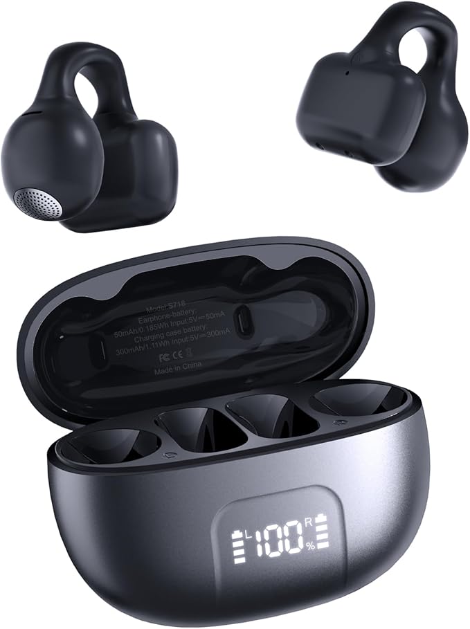 Clip On Earbuds,Open Ear Headphones Mini Bone Conduction Headphones IPX6 Waterproof Bluetooth Earbuds, Bluetooth 5.4 Ear Clip Earphones for Running Walking, Workout - Black