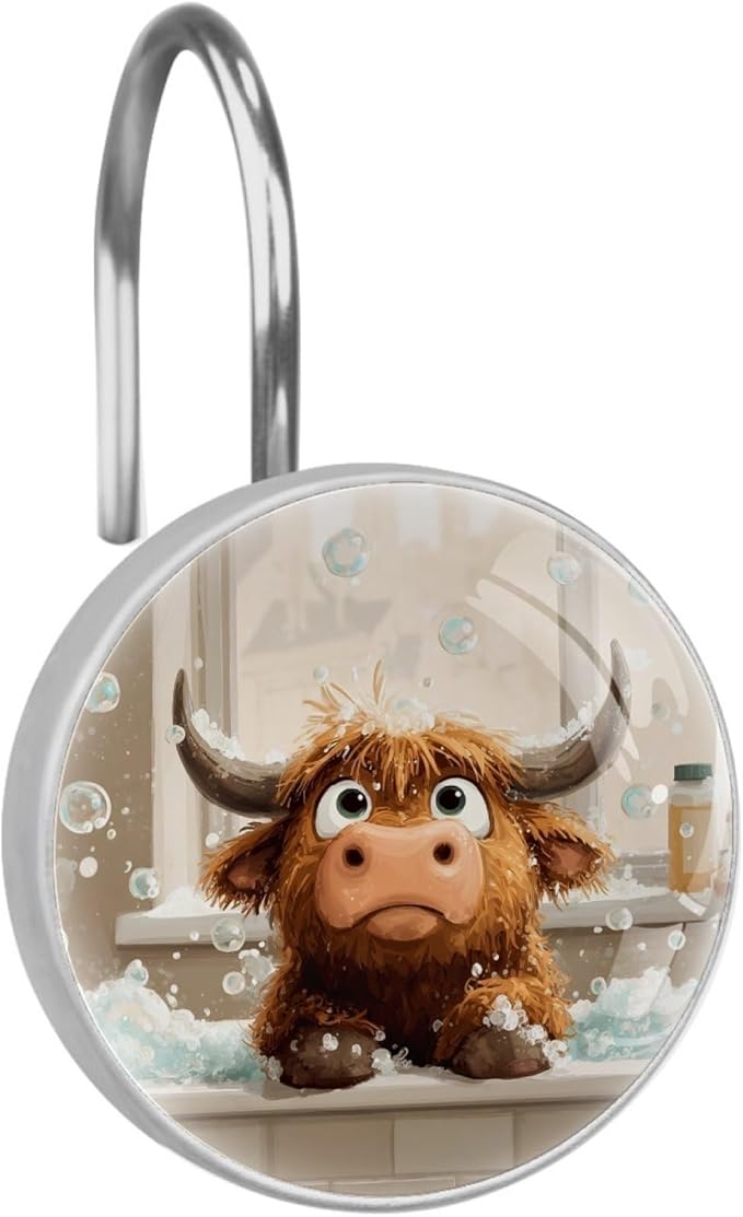 12 Packs Bathing Highland Cow Shower Curtain Hooks, Stainless Steel Glass Shower Curtain Rings for Bathroom Decor, Metal Rustproof Curtain Rod Hooks