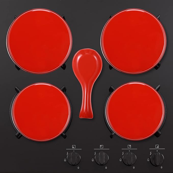 4 Pcs 8" 10" Electric Stove Burner Covers 1 Pcs 3.8" x 8.7" Ceramic Spoon Rest Stainless Steel Stove Top Covers for Gas Burners Spoon Holder for Winter Kitchen Coffee Bar Accessories(Red Cover)