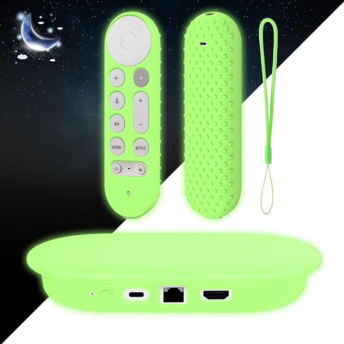 Silicone Glow Cover Case for Google TV Streamer 4K 2024 ，Protective Sleeve Set for Google TV Streamer 4K Host Box +Voice Remote,Anti-Slip Scratch Shock Protection (Glow Green)
