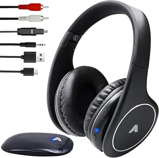 Ansee Wireless TV Headphones for Seniors & Hearing Impaired, Folding Over Ear Headphones with 2.4GHz RF Transmitter Support Optical RCA AUX, No Audio Delay, 100ft Wireless Range (Black)