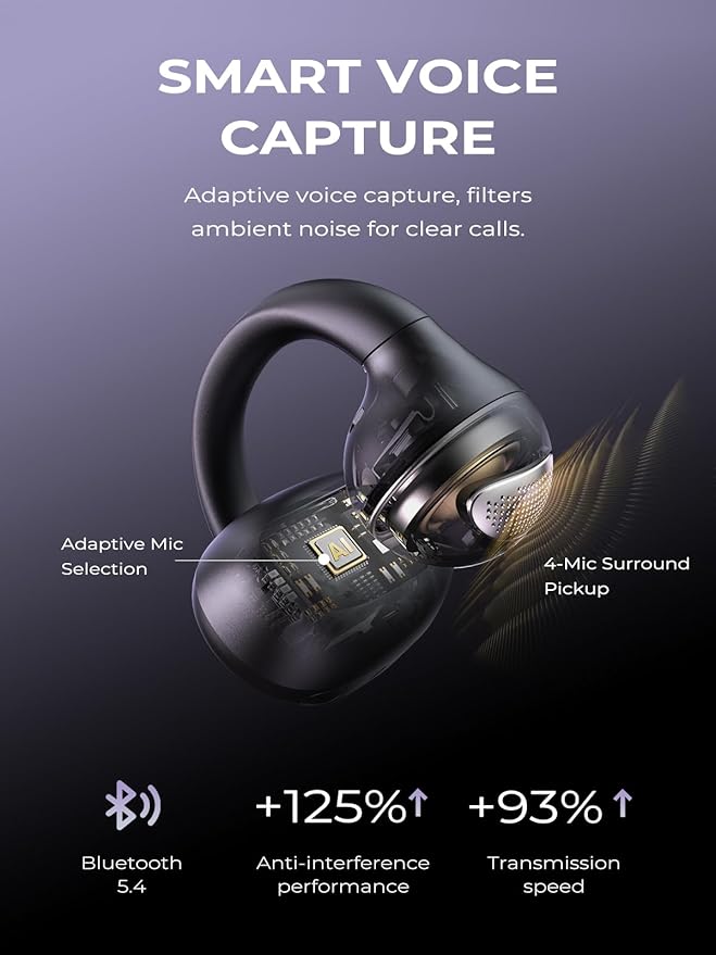 Open Ear Earbuds, Bluetooth 5.4 Bone Conduction Clip On Headphones AI Music Generator Wireless Earbuds, 4 Mics Clear Calls, 5.7g Ultra-Light, 30H Hi-Fi Stereo Playtime for Fitness, Black