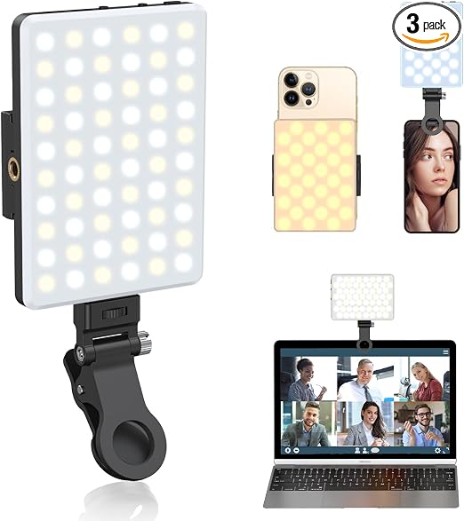 Selfie Light, Phone Light with Front & Back Clip, Portable Light with 3 Modes, 5000mAh Rechargeable Video Light for Phone, iPhone, IPad, Laptop, TikTok, Makeup, Live Stream, Vlog(Black)
