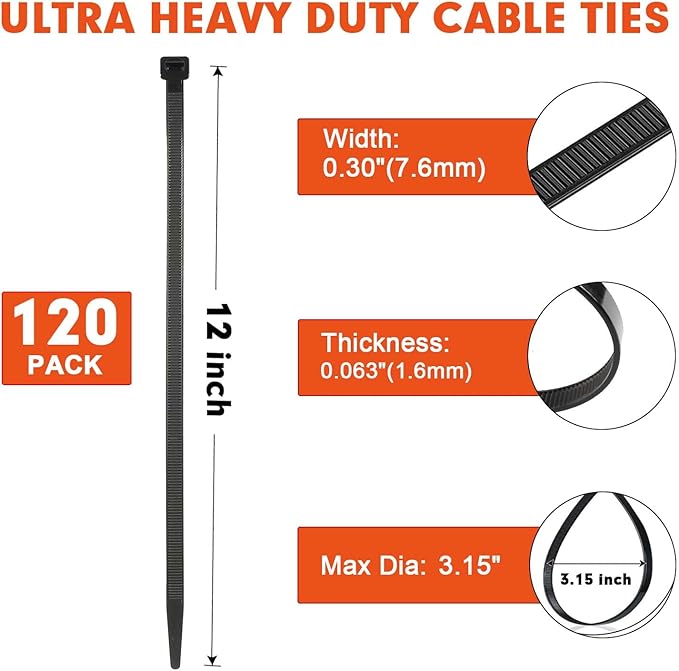 Zip Ties, RAZCC 120 Pack 12 inch Black Cable Ties, Heavy Duty Plastic Wire Ties with 120 lb Tensile Strength, Black Nylon Zip Ties for Indoor and Outdoor