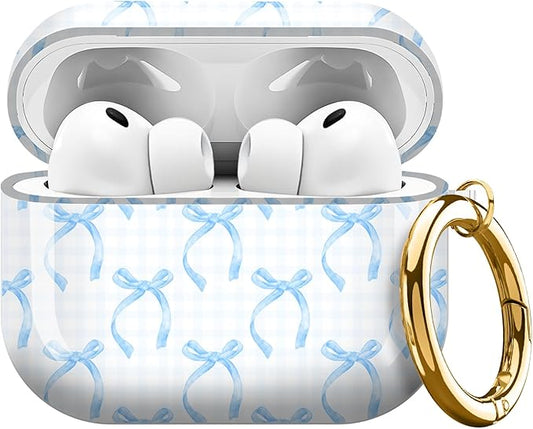 Compatible with AirPods Pro 3 (2025) Case, Airpod Pro 3 Protective Cover with Cute Golden Keychain for Girls & Women (Blue Bow)