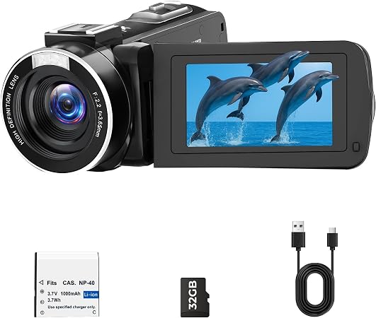 Camcorder Video Camera 2.7K 48MP, 3" 270° Flip Screen with 32GB SD Card