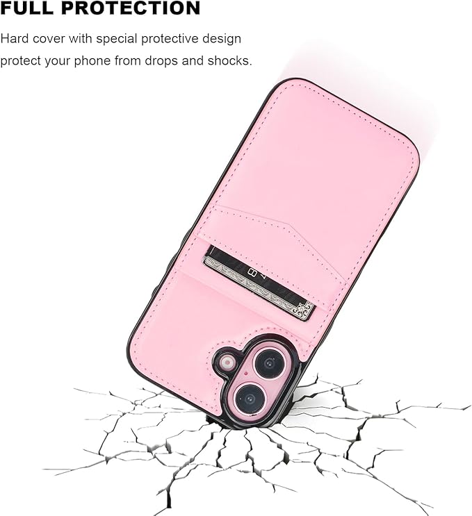 KIHUWEY Compatible with iPhone 16 Case Wallet with Credit Card Holder, Flip Premium Leather Magnetic Clasp Kickstand Heavy Duty Protective Cover for iPhone 16 6.1 Inch (Pink)
