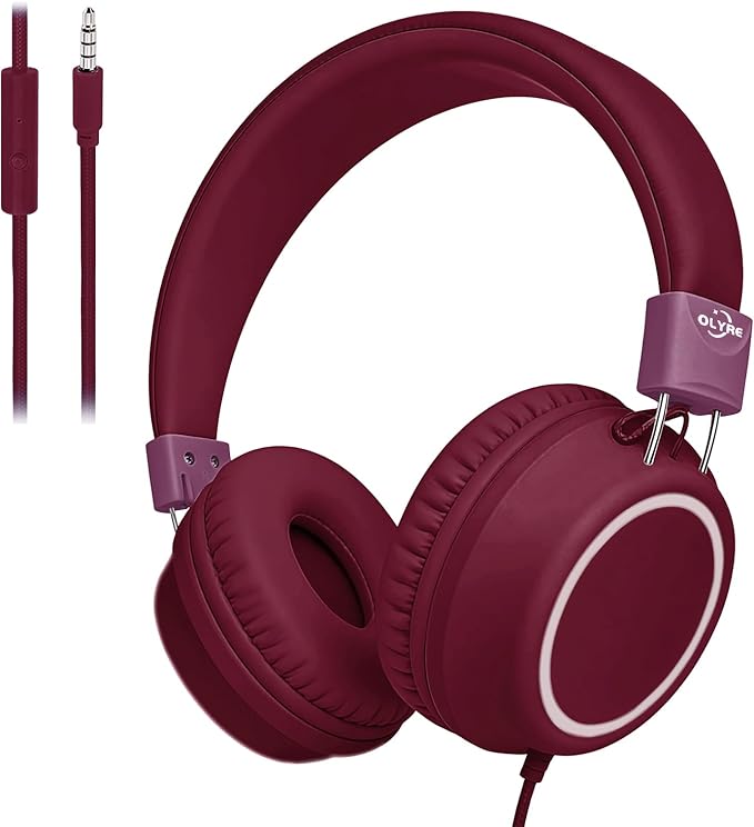 Olyre Kids Headphones,Wired Toddler Teens On-Ear Headphones with HD Microphone,94dB Volume Limit,Tangle-Free 3.5mm Jack Foldable Stereo Children Earphones for School,Tablet,Plane Travel Wine Red