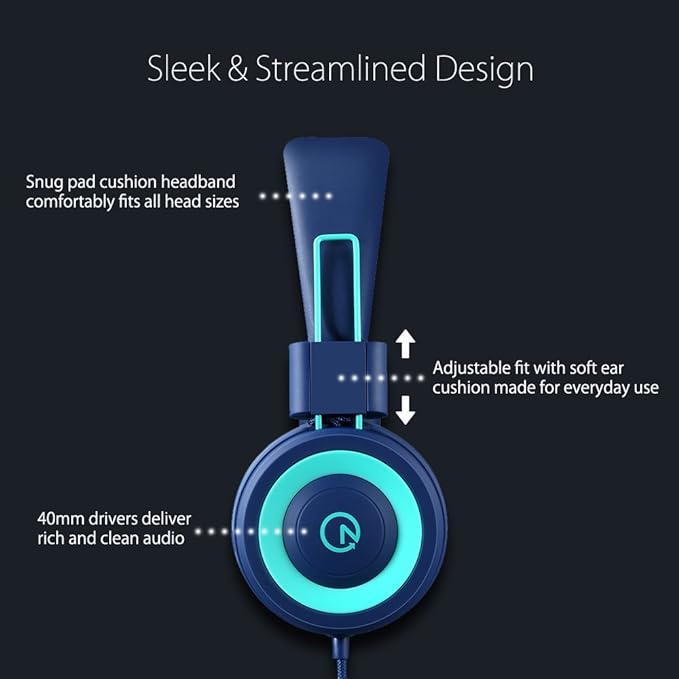 Kids Headphones - noot products K11 Foldable Stereo Tangle-Free 3.5mm Jack Wired Cord On-Ear Headset for Children/Teens/Boys/Girls/Smartphones/School/Kindle/Airplane Travel/Plane/Tablet (Navy/Teal)