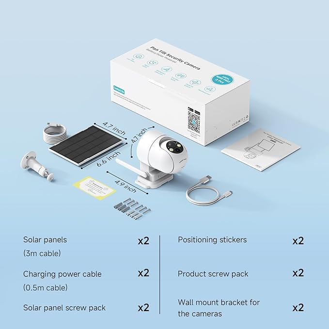 2K Solar Security Cameras Wireless Outdoor, 2PCS Outdoor Camera Wireless with 360° View, Cameras for Home Security with Color Night Vision, Only Support 2.4GHz Wi-Fi