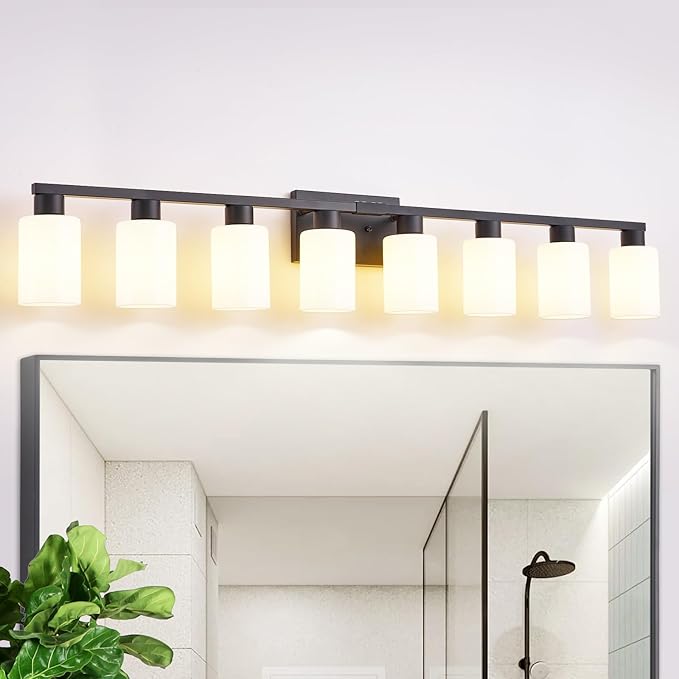 8 Light Bathroom Vanity Light, Black 8-Light Bathroom Light Fixtures, Vanity Lights for Bathroom with Milky White Frosted Glass Shades, Lighting Fixtures Over Huge Mirror, Wall Lamp for Living Room