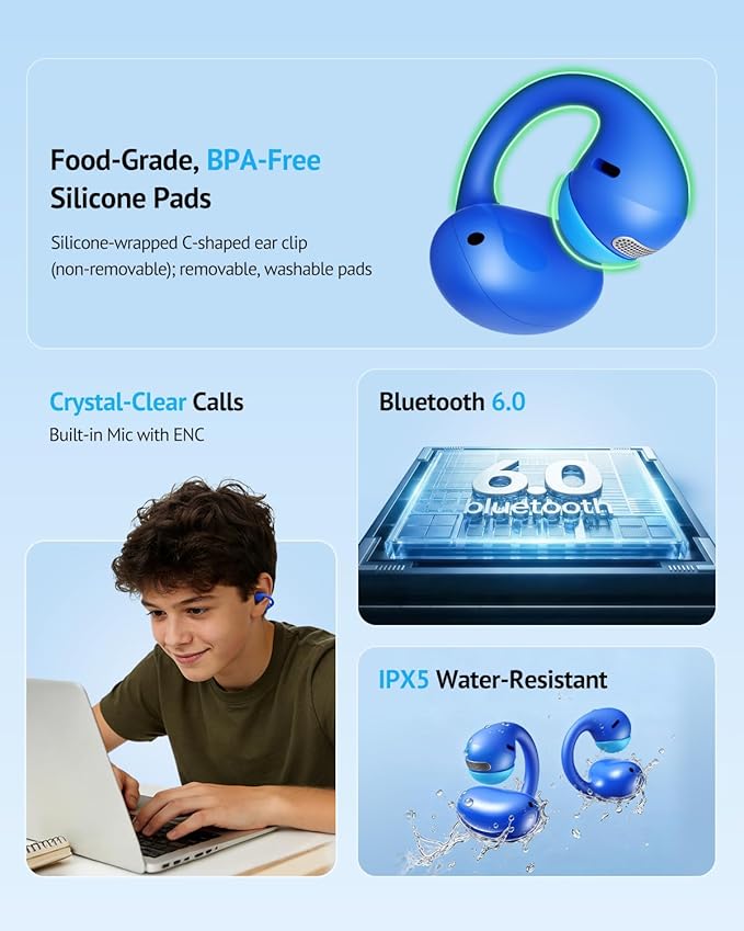 FOYCOY Kids Open Ear Earbuds - Clip-On Earbuds - 85 dB Volume Limit - Bluetooth 6.0, Built-in Mic, 40H Playtime, Silicone Pads, IPX5, Small Ears and Glasses Friendly, Ages 6-14, Blue