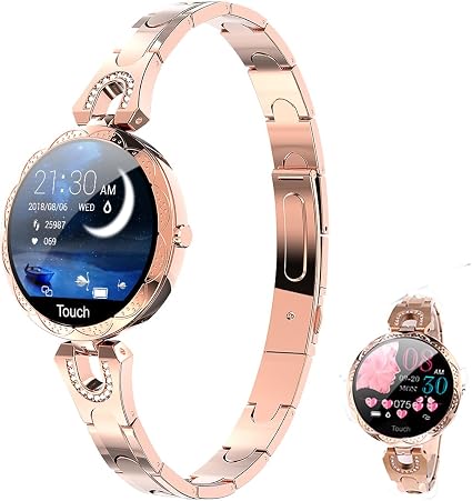 Smartwatch for Women Compatible for Android/iOS Phones. Health and Fitness Tracker with Heart Rate Blood Pressure Bluetooth Remote Photography Female Menstrual Cycle (Gold)