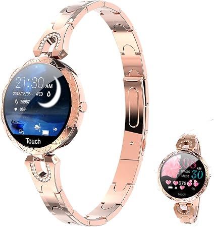 Smartwatch for Women Compatible for Android/iOS Phones. Health and Fitness Tracker with Heart Rate Blood Pressure Bluetooth Remote Photography Female Menstrual Cycle (Gold)