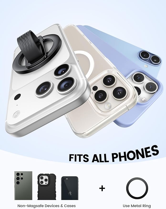 Lamicall Magnetic Phone Grip Holder for MagSafe - [Soft Silicone Loop] Vertical Cell Phone Zinc Alloy Ring Stand Kickstand, Magnet Finger Grip for iPhone 17/16/15/14/13/12 Series, Other Use Metal Ring