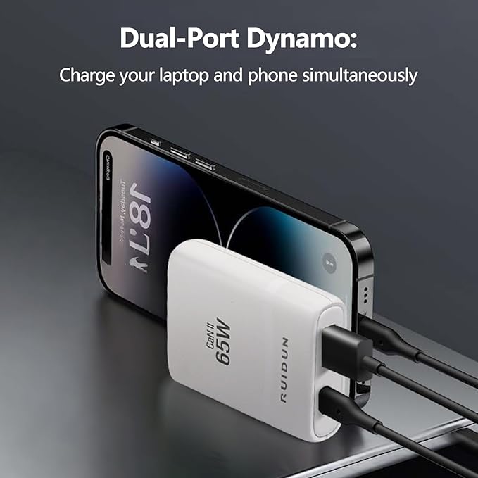 65W Flat GaN USB C Charger,Dual-Port Fast Wall Charger,PD 3.0 & QC 4.0,Foldable Plug for MacBook Pro/Air, iPhone 15, iPad Pro, Galaxy S24, Steam Deck & More (White)