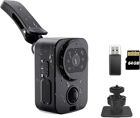 Mini Body Camera with Audio & Video Recording-1080P Wearable POV Cam with 64GB Card, Night Vision, IP45 Waterproof & PIR Motion Detection, for Body Worn, Cycling, Outdoor&Indoor Security