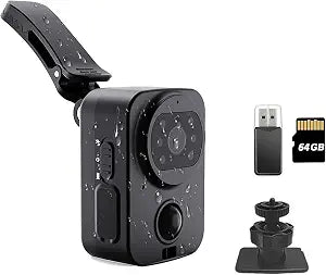 Mini Body Camera with Audio & Video Recording-1080P Wearable POV Cam with 64GB Card, Night Vision, IP45 Waterproof & PIR Motion Detection, for Body Worn, Cycling, Outdoor&Indoor Security