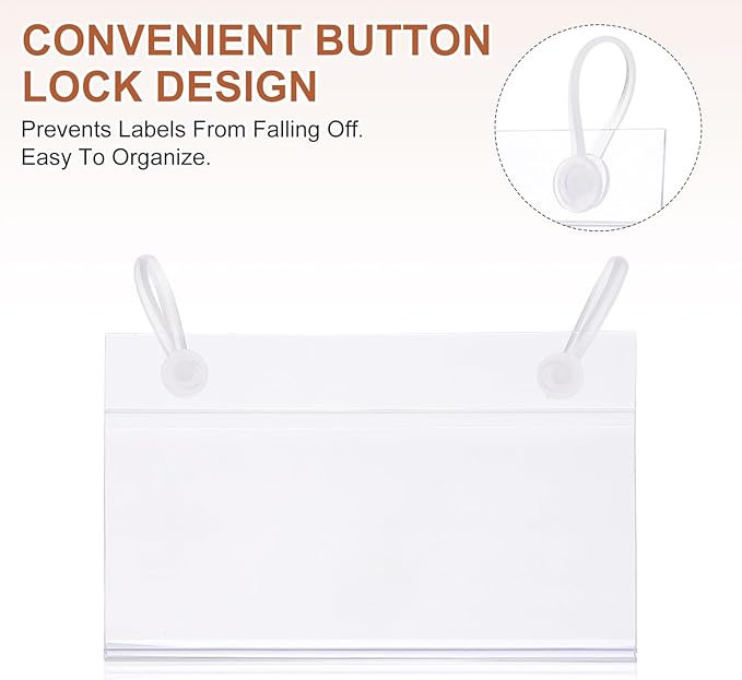 PATIKIL 3.5" x 2.2" Basket Labels Holders, 30 Pack Reusable Plastic Wire Shelf Label Holder Tag Display Clip with Button Lock with Paper Inserts Pens for Home Market Store, Clear