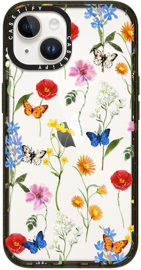 CASETiFY Impact Case for iPhone 14 [Slim / 8.2 ft. 4X Military Grade Drop Protection/Wireless Charging Compatible] - Millennial- Ditsy Floral - Clear Black