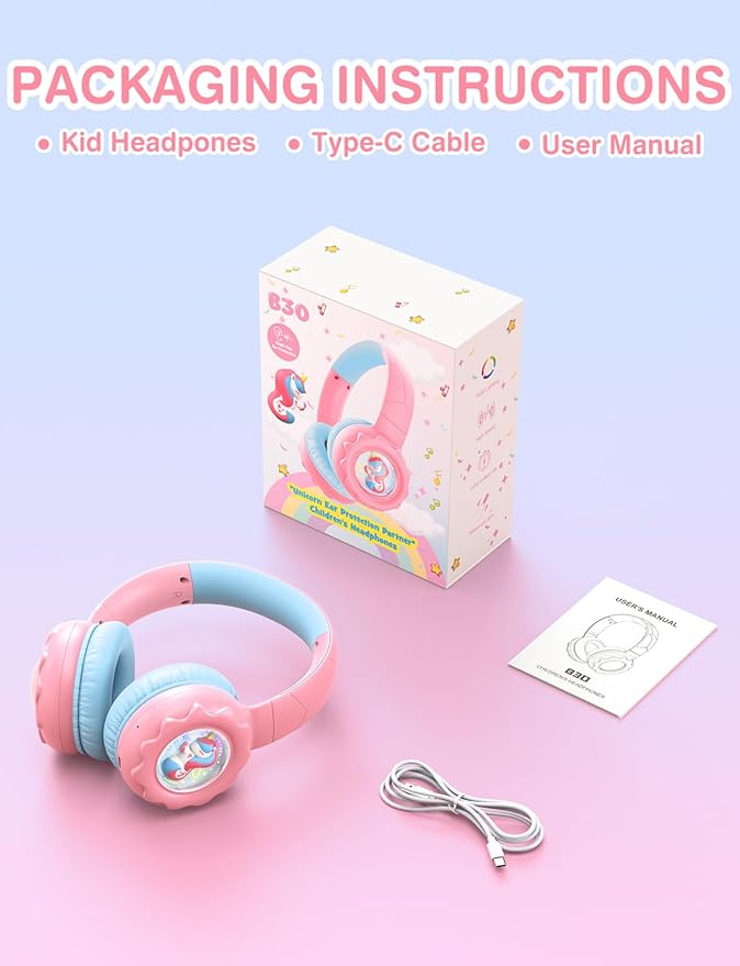 Kids Bluetooth Headphones, Rainbow LED Light, Unicorn Buddy, 85dB Volume Limited, 60 Hours Playtime, Bluetooth 5.3, USB C, Kids Wireless Headphones for iPad/Tablet/Travel/School, Durable