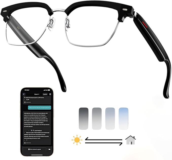 AI Smart Wireless Bluetooth Translation Glasses for Men/Women with Speakers/Bluetooth&140+ Languages Translation Sports/Travel/Drive/Busniess (E8+AI+Color Change Lenses+Silver)