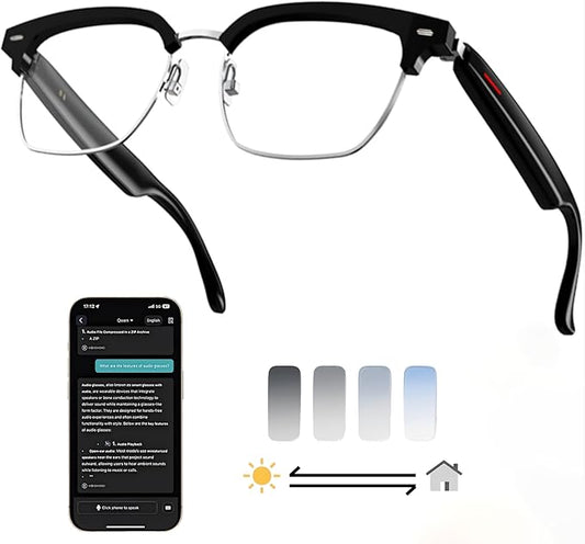 AI Smart Wireless Bluetooth Translation Glasses for Men/Women with Speakers/Bluetooth&140+ Languages Translation Sports/Travel/Drive/Busniess (E8+AI+Color Change Lenses+Silver)
