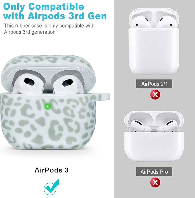Silicone Leopard Compatible with AirPods 3 Case 2021, Gawnock Soft Case Compatible with AirPods 3rd Generation Floral Print Cover for Women Girls with Keychain (Light Green Leopard)
