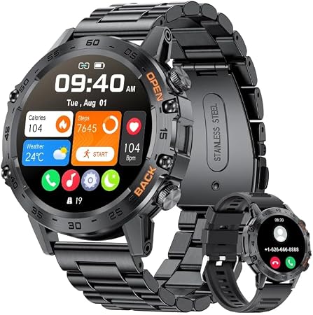 SUNKTA Smart Watches for Men(Answer/Calls),1.39 inch Touchscreen/5ATM Waterproof/120+ Sports Modes Fitness Watch with Heart Rate for Android/iOS Steel Black