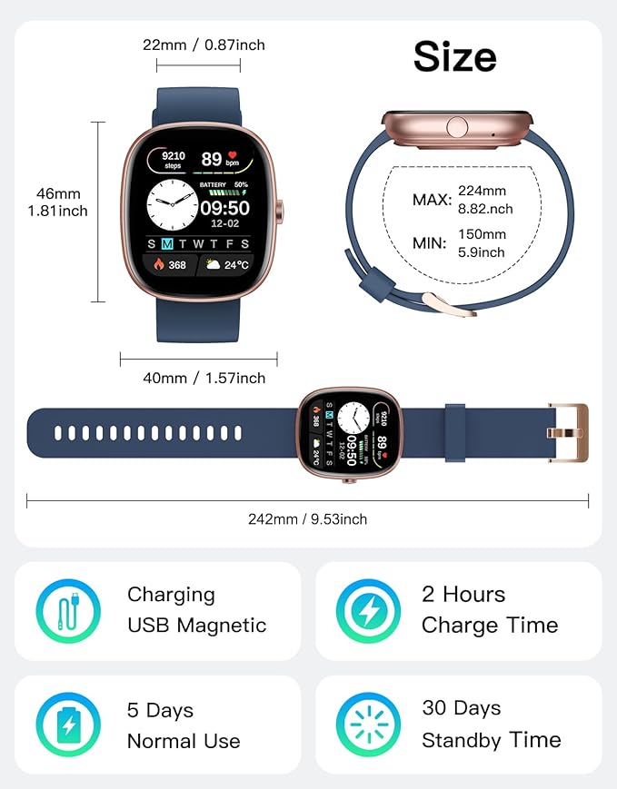 Fitness Tracker with Call Function, 1.85” Fitness Watch for Women and Men, 24/7 Heart Rate & Blood Oxygen Monitor, Sleep Tracker, 100+ Sport Modes, IP68 Waterproof (Blue)