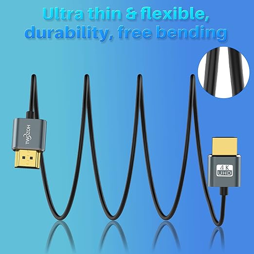 Twozoh Ultra-Thin HDMI to HDMI Cable 10FT, Hyper Slim HDMI 2.0 Cable, Extreme Flexible HDMI Cord Support 3D/4K@60Hz, 2160P, 1080P