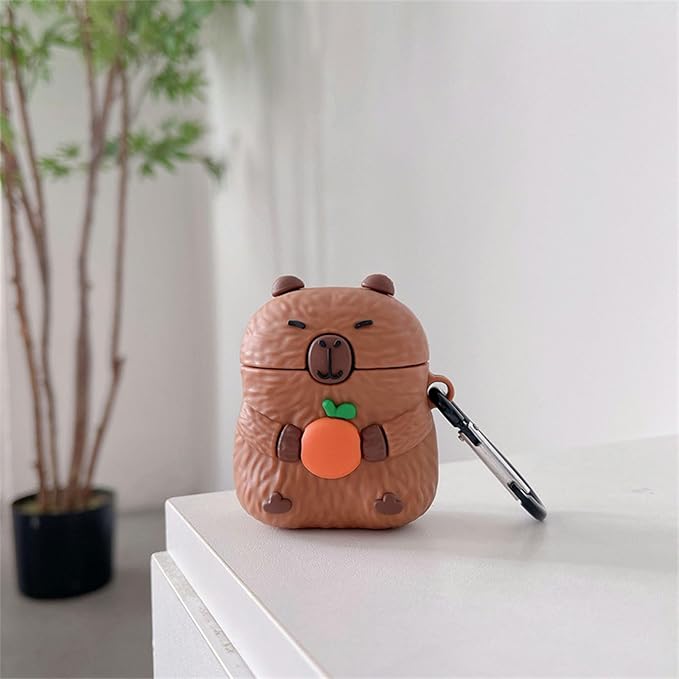 Case Compatible with Airpods 3, Cute Kawaii Capybara Design Earbuds Cover, Kids Boys Girls Portable Accessories Soft Silicone Wireless Earphone Shockproof Protector for Gifts Brown