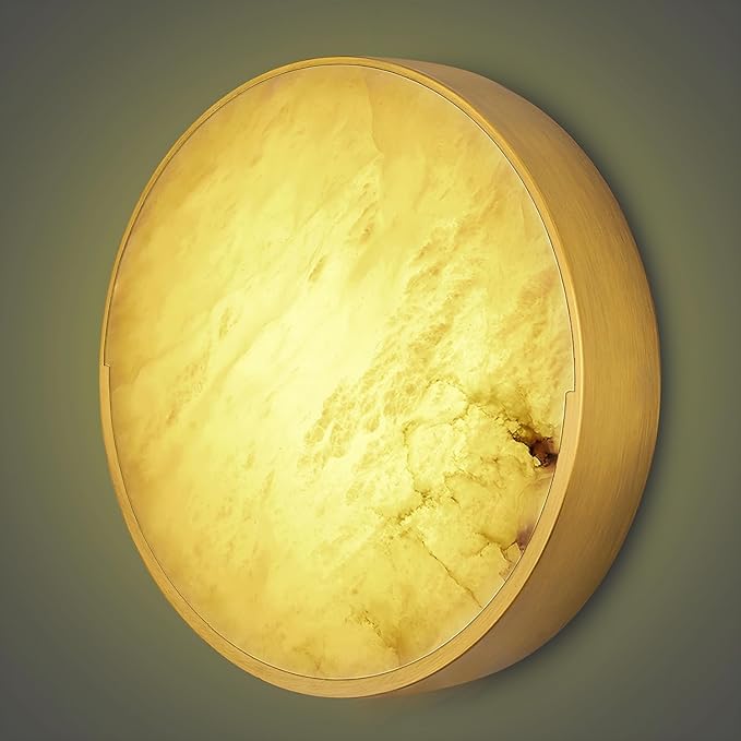 Round Antique Alabaster Wall Sconce, Natural Marble Wall Lighting Dimmable, LED Alabaster Wall Lamp for Living Room, Stair, Bedroom, Hallway, Bedside