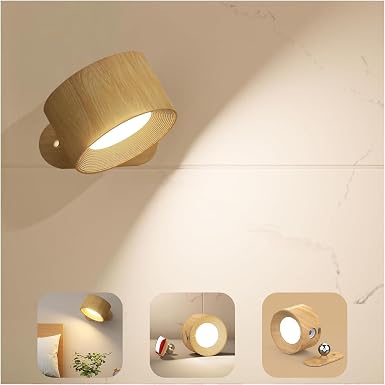 AKSDA Rechargeable Wall Sconce, Battery Operated LED Reading Light with 360-Degree Rotation Magnetic Mounting, Dimmable 3 Color Temps Touch Control Cordless Wall Lights for Study Home Office, 1 Pack