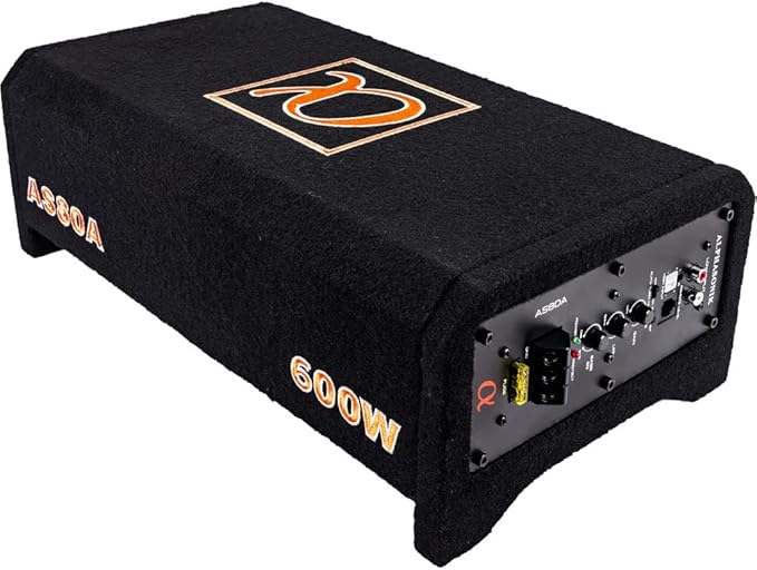 Alphasonik AS80A 8" 600 Watts with a Built-in Amplifier Down-Firing Shallow Mount Enclosed for Tight Spaces in Cars and Trucks, Slim Thin Loaded Subwoofer Air Tight Sealed Bass Enclosure