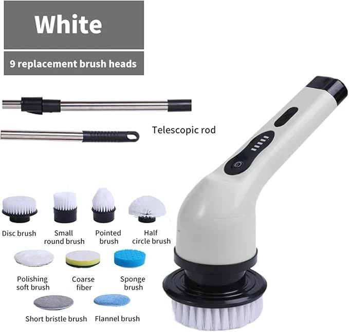 Cordless Electric Spin Scrubber, 360 Rotating Handheld Bathroom Scrubber with 9 Replaceable Cleaning Brush Heads 90Mins Work Time for Cleaning Kitchen,Tile,Tub Floor,Sink,Window,Stove(White)
