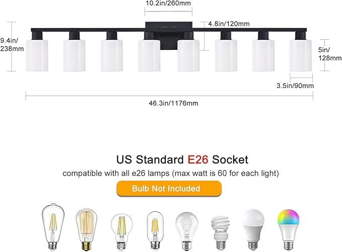 8 Light Bathroom Vanity Light, Black 8-Light Bathroom Light Fixtures, Vanity Lights for Bathroom with Milky White Frosted Glass Shades, Lighting Fixtures Over Huge Mirror, Wall Lamp for Living Room