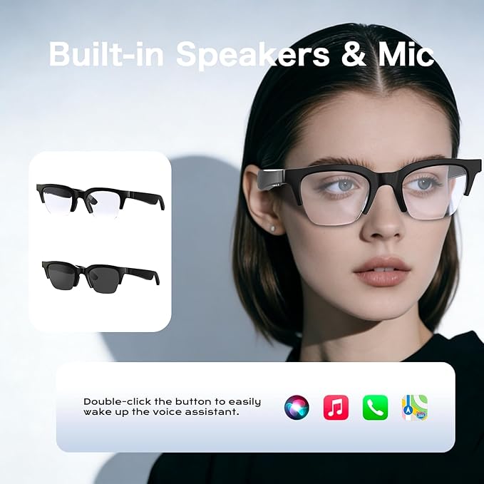 Smart Audio Glasses Open Ear Bluetooth Glasses Wireless Music and Calls Type C Fast Charging Physical Button Control Ultra Lightweight Unisex (White)