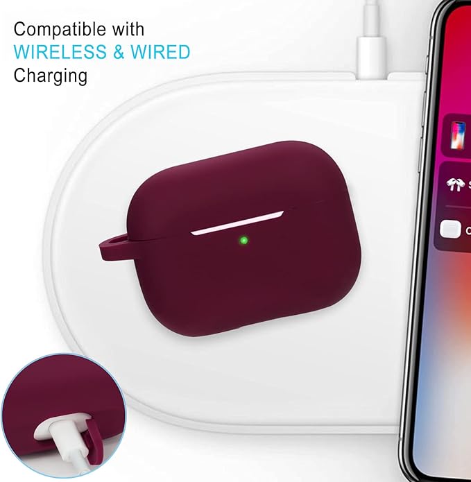 Silicone Protective Case Cover for Airpods Pro with Cute Bling Keychain, Burgundy