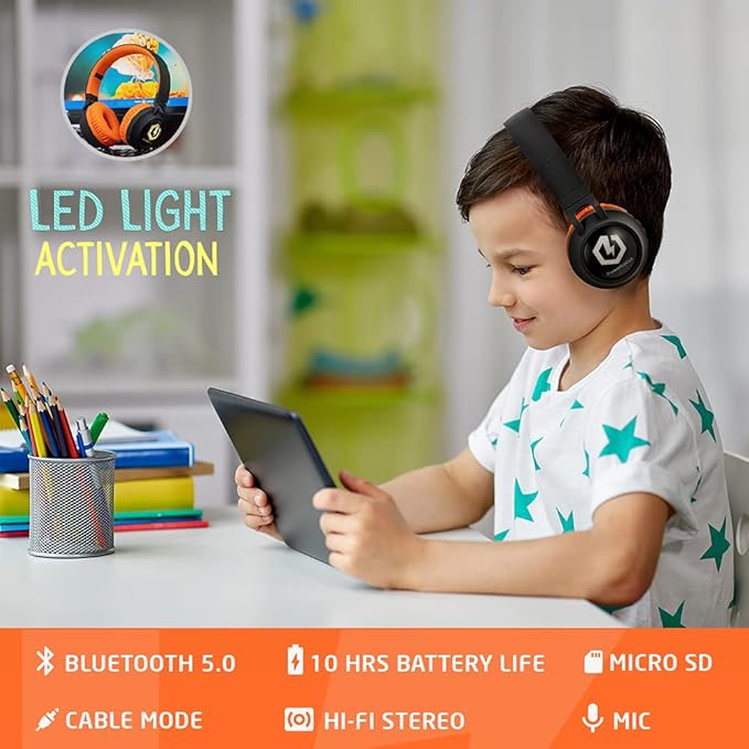 PowerLocus Kids Headphones Wireless, Bluetooth Headphones for Kids Over Ear, LED Lights, 85dB Safe Volume Limit, Foldable, Micro SD Mode, Built-in and Line-in Microphone for Phones,Tablets,Laptop