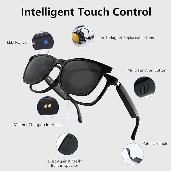 Smart Sunglasses Bluetooth Glasses, Audio Glasses with Speakers, Blue Light Blocking Glass for Men and Women, Outdoor UV Protection and Voice Control, Hands-Free Calls Smart Audio Eyewear (UF-13)
