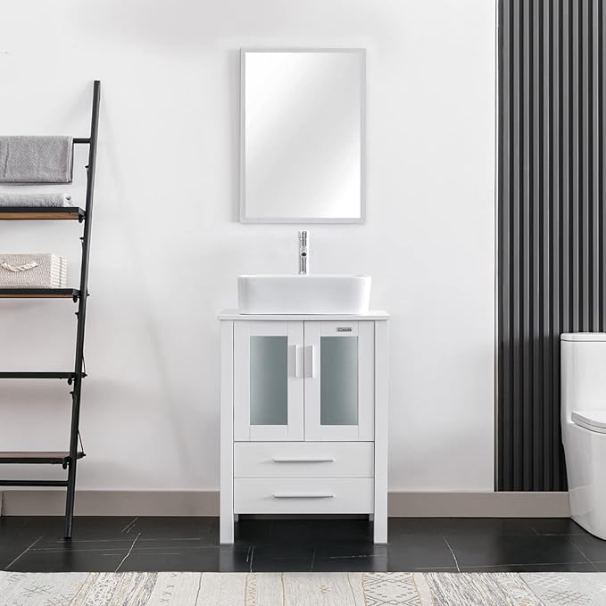 eclife 24" Modern Bathroom Vanity Sink Combo Freestanding Cabinet with Soft Closing Door, White Rectangle Ceramic Vessel Sink, Water Save Faucet, Drain (White+T03)