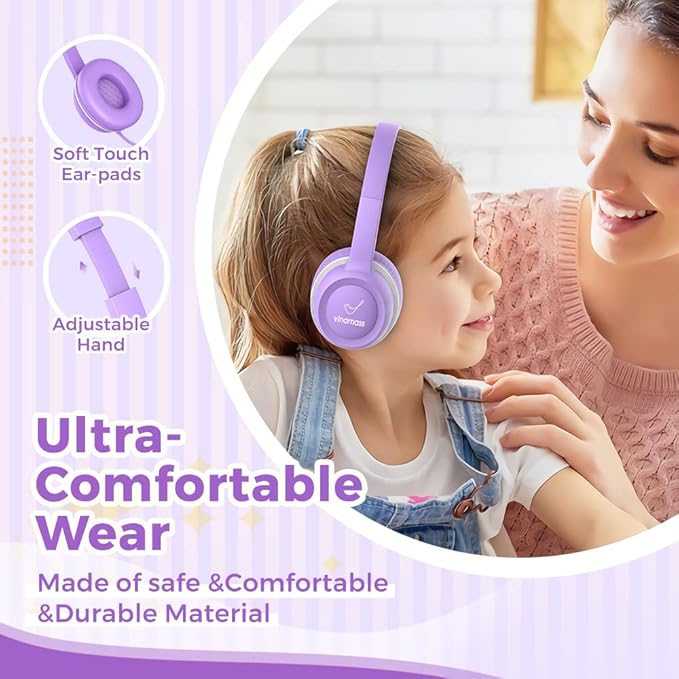 Kids Headphones, Wired Headphones for Kid with Safe Volume Limiter, Kid Headphone with Cord 3.5mm Jack, On-Ear Girls Boys Toddler Headphone for School