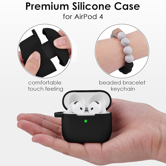 Apple AirPods 4 Case, Cute Apple AirPods 4 Case Cover for Women Girls, Silicone Protective Case with Bracelet Keychain (Black, AirPods 4 Case)