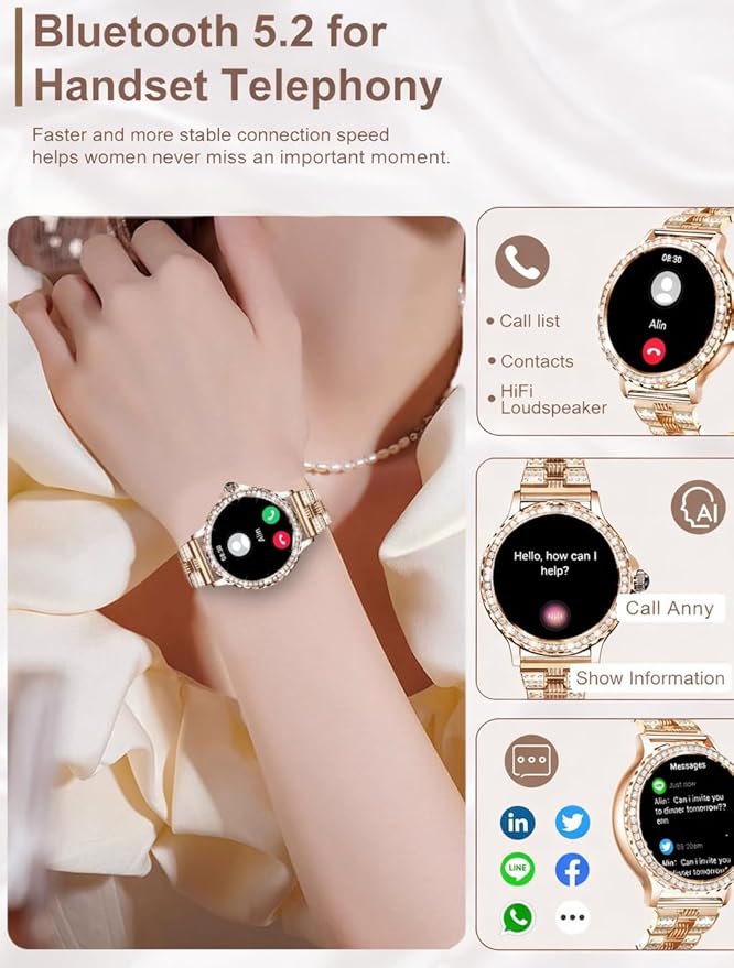 Smart Watches for Women(Make/Answer Call) with Diamond:1.3" Fitness Tracker Watch for HR/Blood Pressure/SpO2/Sleep Monitor,Digital Running Watches for Women Android/iOS, 2 Straps