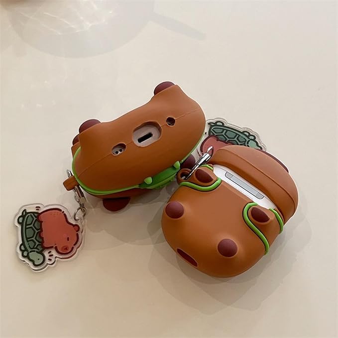Wireless Charging Earphone Case Compatible with Airpods 4, Cute Animal Kapibala Design Soft Silicone Full Body Protective Skin Cover, Kids Girls Women Cartoon Earbuds Accessories with Pendant